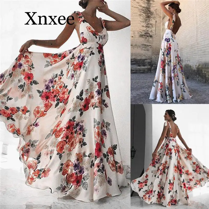 

Sexy Floral Print Women Summer Sleeveless V-Neck Backless Vintage Long Boho Party Cocktail Casual Loose Beach Pink Dress vintage