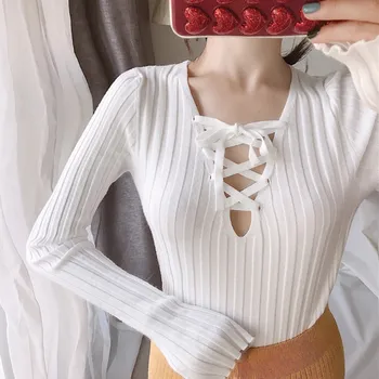 

Ins Style Sweater Spring Autumn Knitwear Women Drawstring Tops White V Collar Loose Bow Tie Long Sleeve Women Clothing