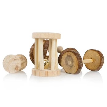 

10Pcs Cute Natural Wooden Pine Dumbells Unicycle Bell Roller Chew Toys For Guinea Pigs Rat Small Pet Molars Supplies