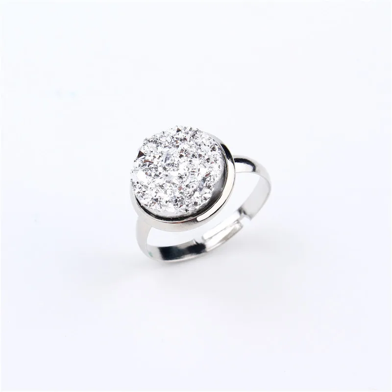 Fashion Stone Geode Quartz Crystal Cuff Rings Round Drusy Druzy Resin Ring Silver Plated Rings For Women Accessories Jewelry (8)