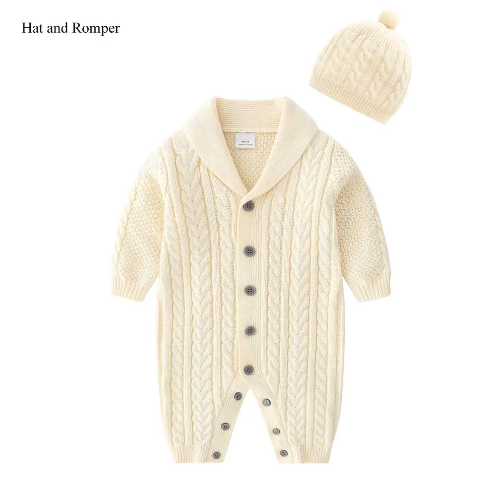 Beige(with hat) Комбинезон с длинными рукавами для новорожденных мальчиков и девочек, трикотажный комбинезон, одежда, теплый милый зимний комбинезон для детей от 0 до 24 месяцев - Цвет: Beige(with hat)
