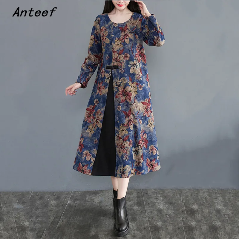 Женское винтажное шерстяное платье с длинным рукавом повседневное свободное