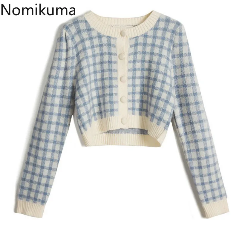 Nomikuma-cárdigan Vintage de punto a cuadros para mujer, abrigo coreano corto de punto, suéter corto de manga larga con cuello redondo, 6D016, otoño 2020