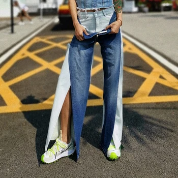 

2020 Casual Hit Color Front Split Jeans For Women High Waist Pocket Patchwork Denim Pants Female 2020 Autumn Fashion New