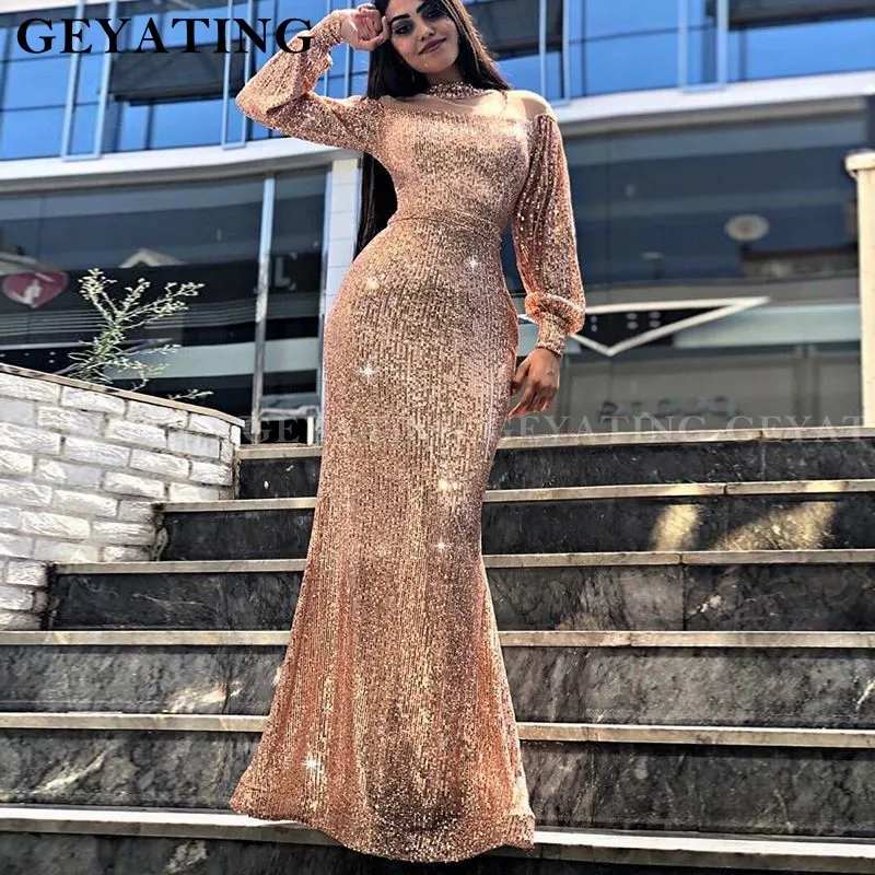 Rose gold Дубай розовое золото блесток Русалка вечернее платье с длинным рукавом размера плюс африканские платья для выпускного вечера с высоким горлом арабские вечерние платья - Цвет: Rose gold