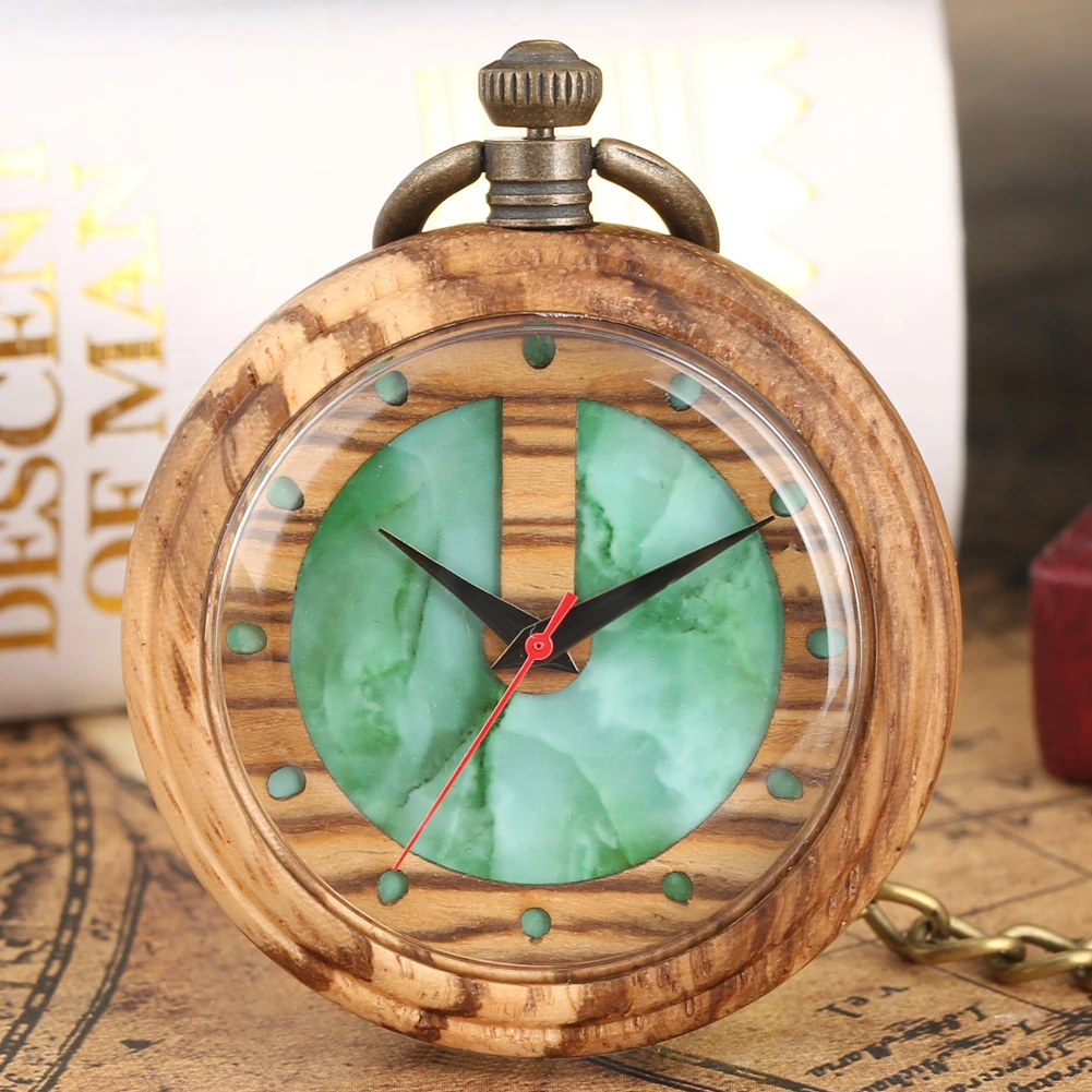 

Nice Green Marbling Pattern Dial Pocket Watches Charming Wooden Quartz Pocket Watch for Ladies Light Brown Wooden Case Pendant