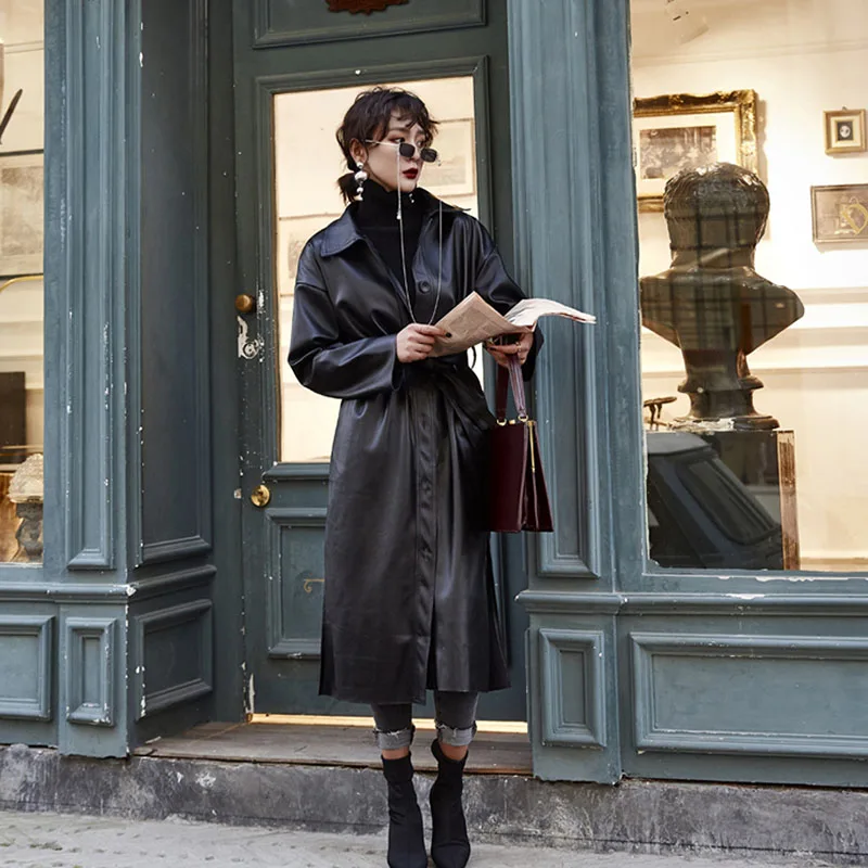 

Autumn New Women Long Faux PU leather jacket Motorcycle coat With belt Streetwear Plus size Washed Leather Windbreaker Outerwear