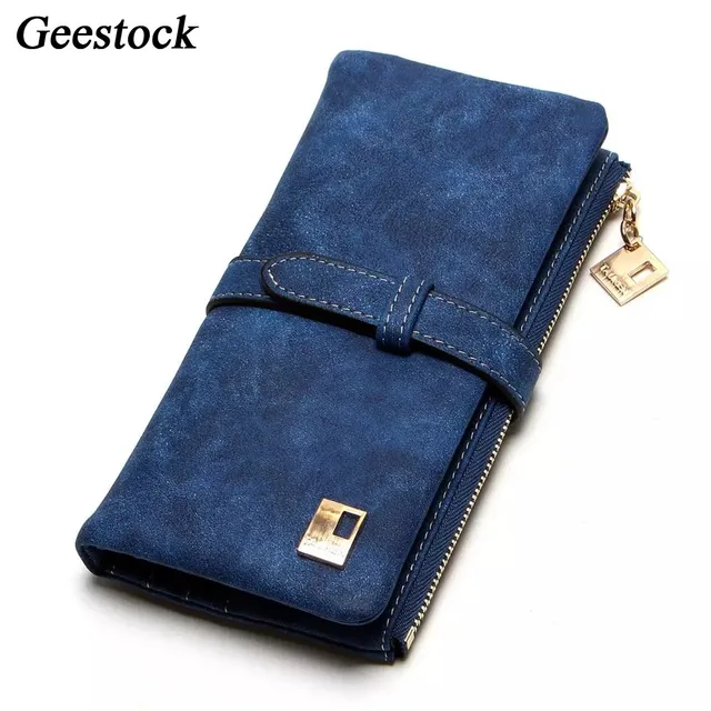 Geestock Women Wallet Coin Purse PU Matte Two Fold Wallets Zipper Mobile Phone Design Card Holder Ladies Clutches Wallet Blue