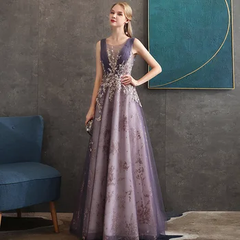 

Purple Evening Dress Long Sexy Sheer Neck Lace up Back Applique Prom Party Gowns Floor Length Sequins Vestido de Festa