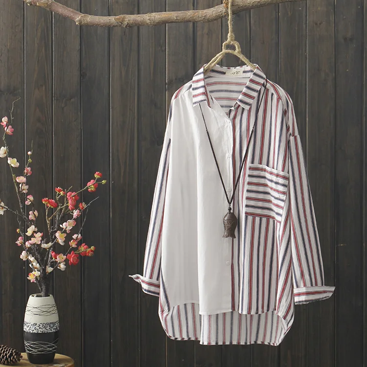 

plus size women striped shirt female autumn spring Japanese style brief long sleeve turndown collar stripes patchwork blouse