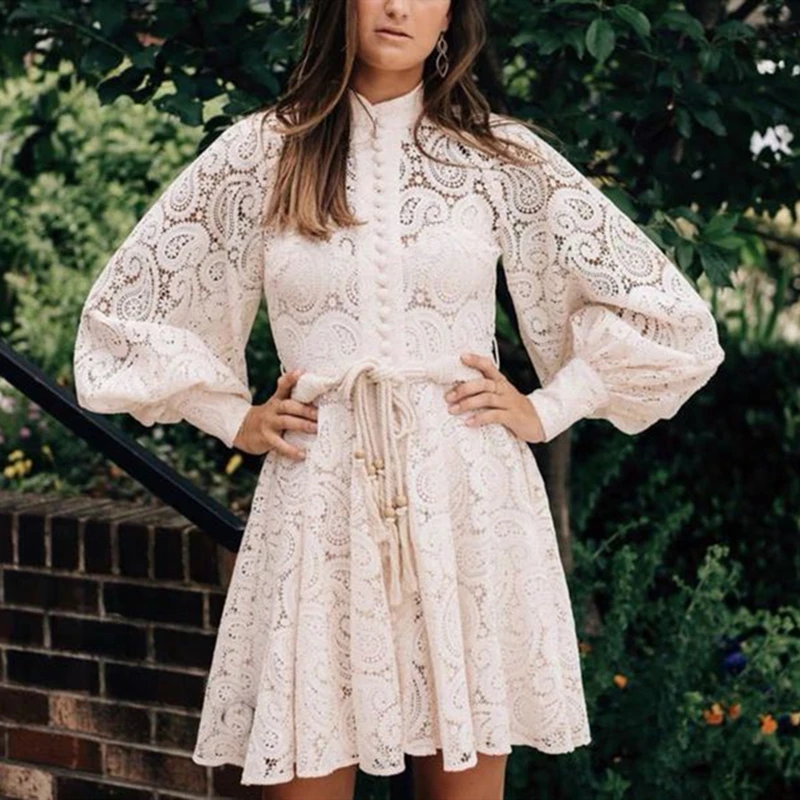 Fashion Runway Dress Women Summer Lace Embroidery Hollow Out White Dresses Elegant Long Sleeve Lace-up Slim Party Dress
