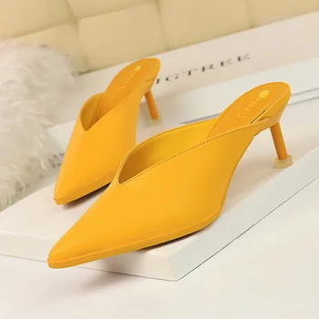 

Korean Version of the Day-to-Day Lazy Baotou Drag V Port Hollow Tip Comfort Wild Fine High-Heeled Slippers