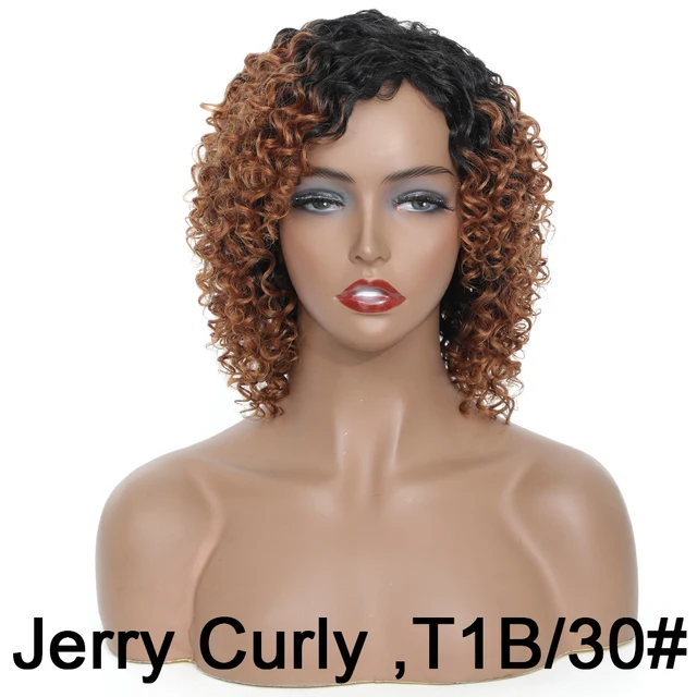 12” Short Hair Afro Kinky Curly Synthetic Wigs With Bangs For Black Women Ombre Blonde Red Glueles Cosplay Wig Perruque Courte Jerry Curly T1B 30