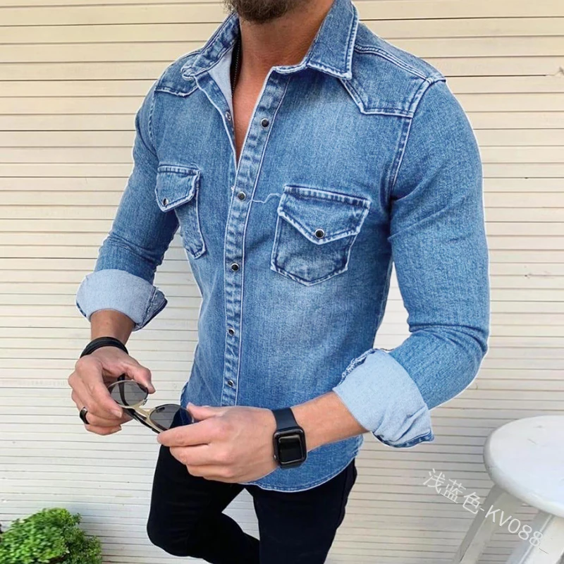 

MJARTORIA New Mens Fashion Casual Turn Down Collar Long Sleeve Denim Pocket Slim Fit Shirts Jeans Soild Color Jackets Tops