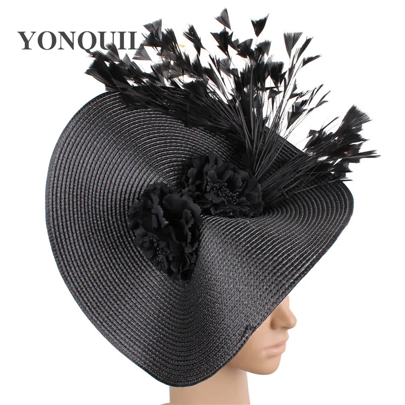 Черный Yellow derby tea feather big fascinator fedora hats bride wedding headwear gorgeous headpiece with nice flower hair accessories - Цвет: Черный