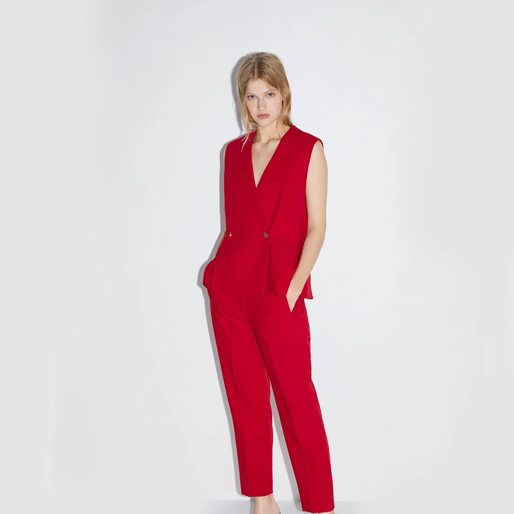

Fashion Women's za Jackets Waistcoat Lady's Red Sleeveless Office Lady Single-breasted Spring Autumn V-neck Jacket Vest Party