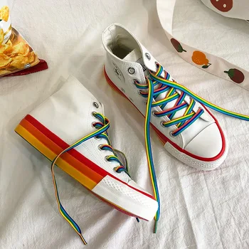 

Rainbow Bottom Casual Shoes Woman High Top Sneakers Cavans 2020Spring Female Casual Shoes White Canvas Sneakers Oman Shoes White