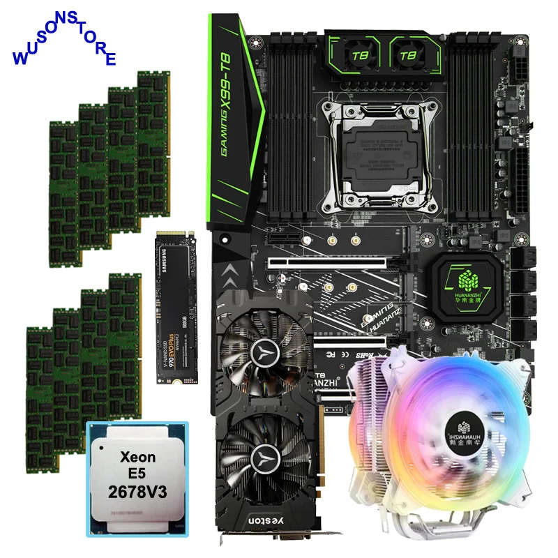 HUANANZHI X99-T8 материнская плата combo 500G NVMe SSD CPU Xeon E5 2678 V3 с охладителем RAM 128G(8*16G) 1866 RECC видеокарта RX580 8G HUANANZHI X99-T8 материнская плата combo 500G NVMe SSD CPU Xeon E5 2678 V3 с охладителем RAM 128G(8*16G) 1866 RECC видеокарта RX580 8G