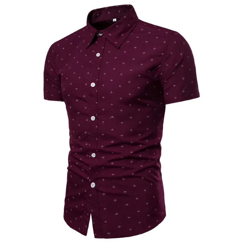 

2019 new brand anchor print short sleeve shirts men dress eu size slim camisa social mens shirts casual slim fit