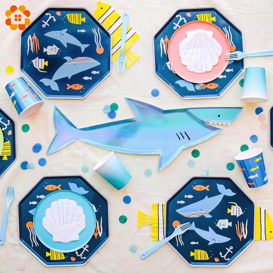 

8PCS/Set Shark Disposable Tableware Cartoon Sea Animal Paper Plates Cups For Birthday/Baby Shower Decoration Kids Party Supplies