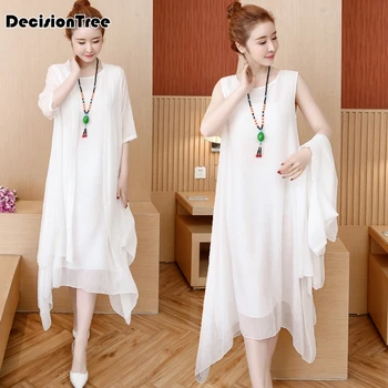 

2020 chinese dress qipao suit cotton linen cheongsam white Vestidos novelty Casual Dress cardigan and dress Two Piece Midi Dress