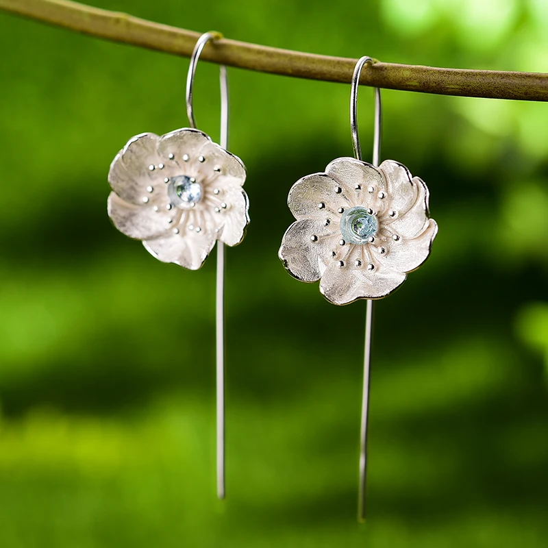 Lotus Fun Blooming Anemone Flower Dangle Earrings Real 925 Sterling Silver Handmade Designer Fine Jewelry Earrings for Women - Image 2