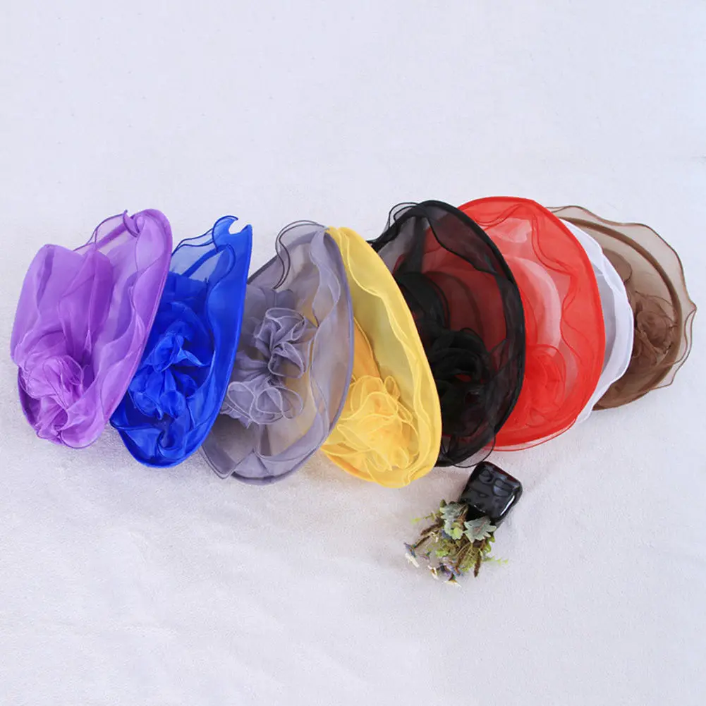 Women Sun Hat Elegant Flower Mesh Sunscreen Kentucky Derby Church Organza Purple