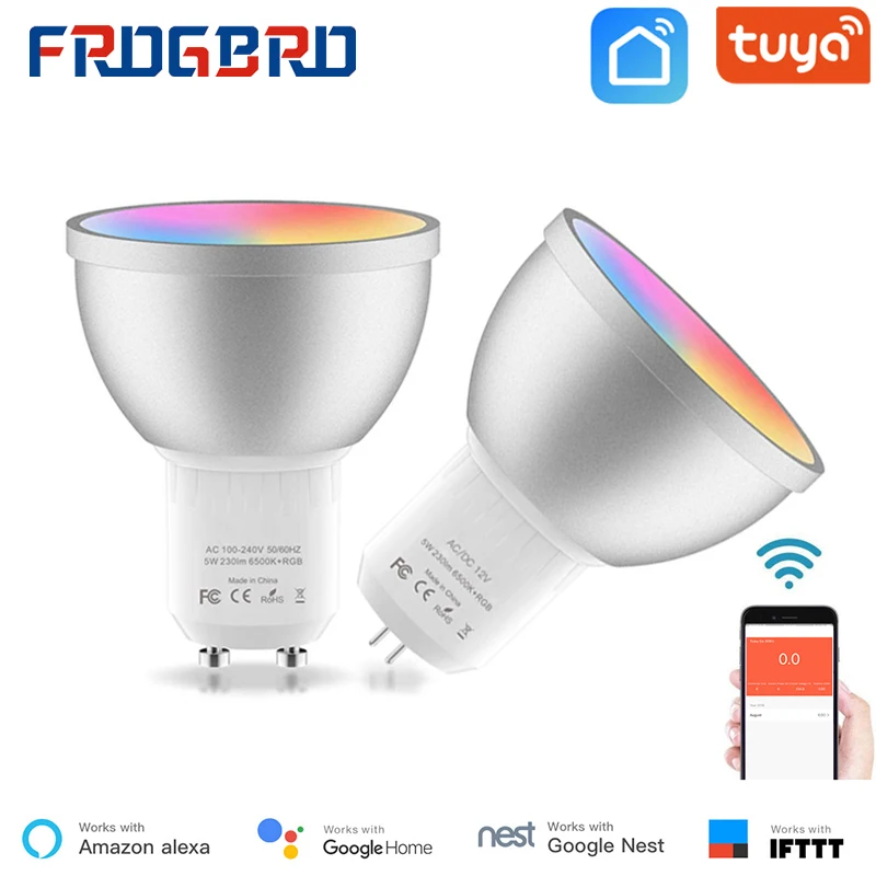 Lâmpada de luz inteligente frogbro 5w, mr16 gu10 gu5.3, bi pinos rgbcw, regulável, muda de cor, sincronização com trabalho musical com alexa tuya