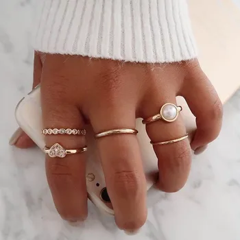 

R017 5pcs/set Retro Simple Circle Heart Crystal Finger Rings for Women Vintage Boho Open Beads Round Knuckle Rings anillos mujer