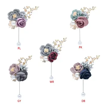 

Groom Bride Lapel Artificial Rose Flower Pin Wedding Boutonniere Brooch Handmade Fake Berries Rhinestone Leaves Party Suit Decor
