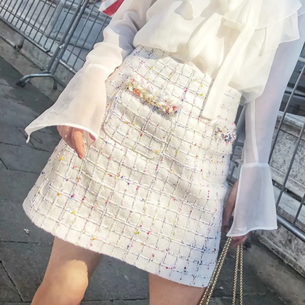 Vrouwen Mode Vrouwelijke Plaid Gebreide Tweed Wol Vrouwen Rok Wit kantoor Dame A-lijn Mini Rok Pak Sets Vrouwen Mode Vrouwelijke Plaid Gebreide Tweed Wol Vrouwen Rok Wit kantoor Dame A-lijn Mini Rok Pak Sets