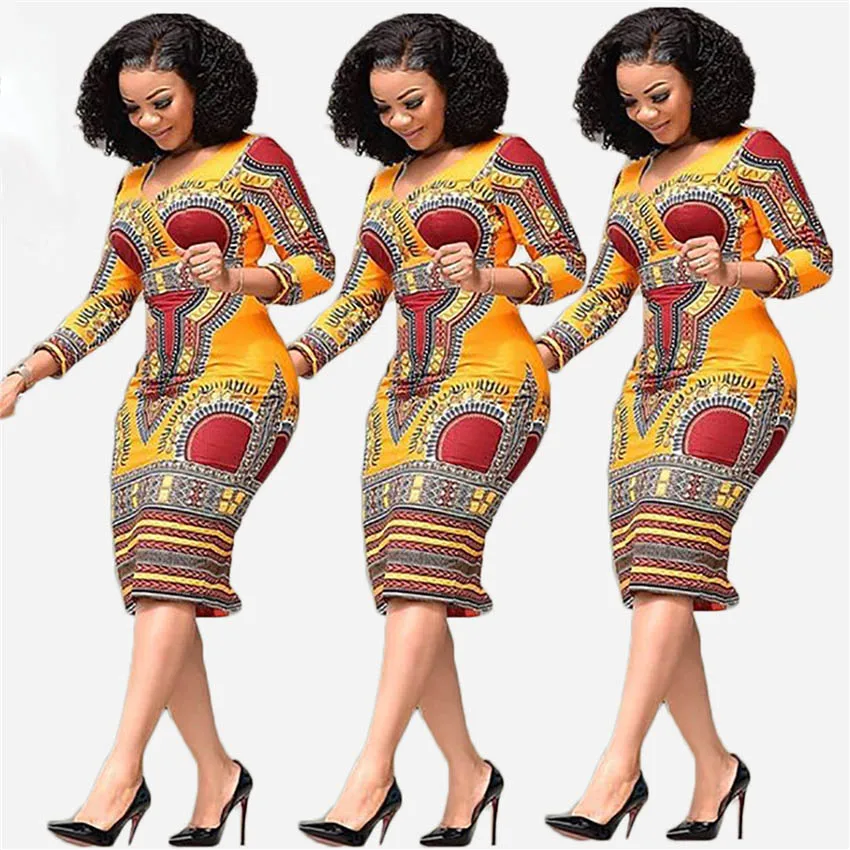 Модные летние африканские платья для женщин, большие размеры, Дашики, Африка, Повседневное платье с принтом, v-образный вырез, запястья, рукава, трапециевидные длинные платья