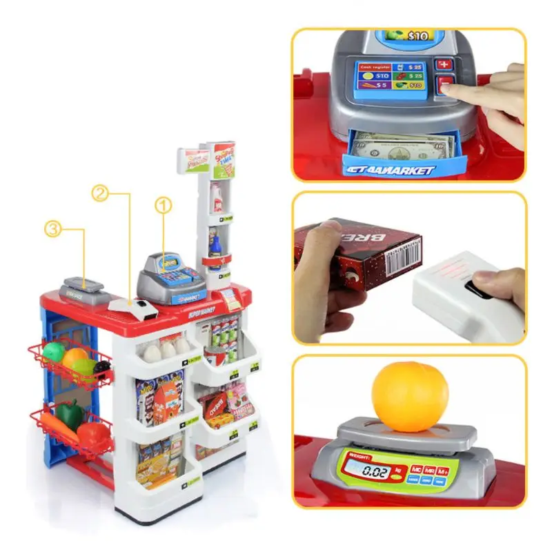 

Simulation Supermarket Superstore Shopping Cart Cash Register Set Kids Pretend Role Play Educational Toy Birthday Gift X5XE