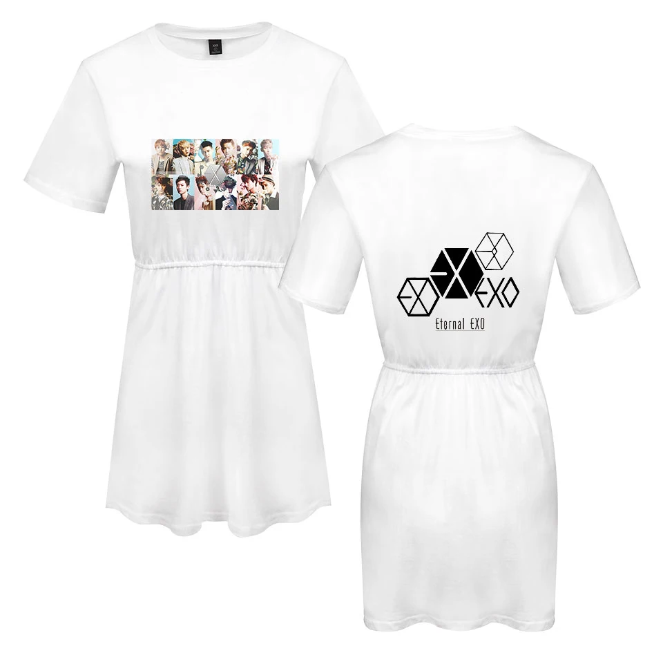 EXO Ablum Платье с принтом женское платье Модное Элегантное летнее платье с круглым вырезом и короткими рукавами халат Femme короткое платье KPOP