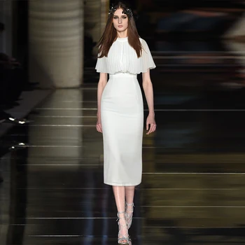 

Gedivoen Fashion Runway Summer Dress Women Solid White Cloak Sleeves Fitted Pencil Dress Elegant Midi Dresses Vestidos