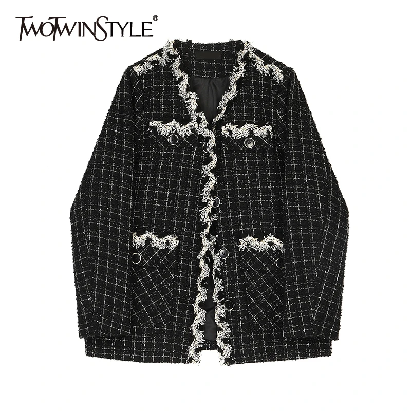 

TWOTWINSTYLE Black Patchwork Tassel Coats For Women V Neck Long Sleeve Hit Color Autumn Casual Jacket Female Fashion Clothes New