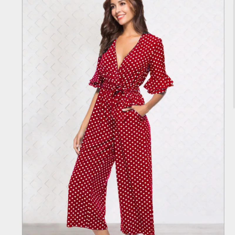Женские летние модные комбинезоны Boho OL в горошек с коротким рукавом и поясом, повседневные Свободные Комбинезоны в горошек, Комбинезоны