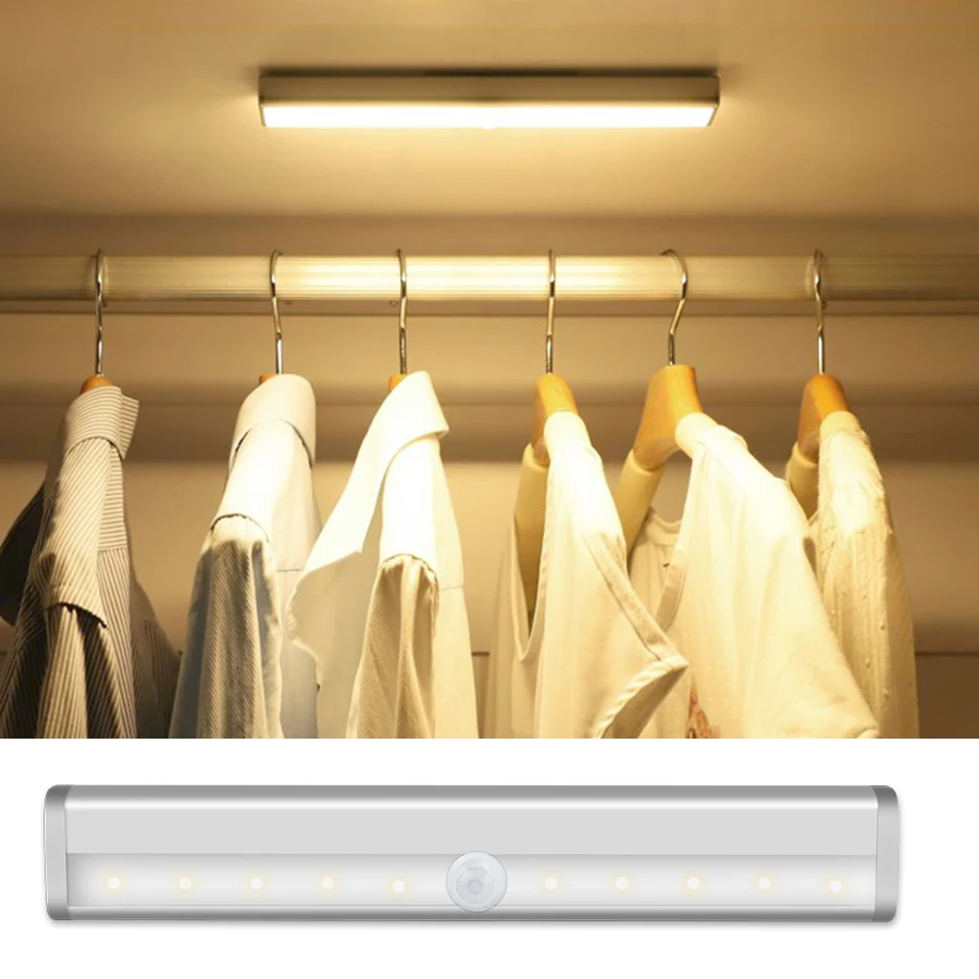 

LED Under Cabinet Light with Motion Sensor 10 LEDs Closet Light USB Rechaegeable AAA Battery Magnetic Wardrobe Lamp Night Light