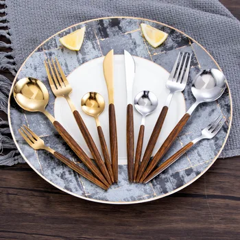 

Wooden Handle Cutlery Vintage Stainless Steel Fork Spoon Knife Set Eco Friendly Japanese Kitchen Vajillas Tableware AC50CS