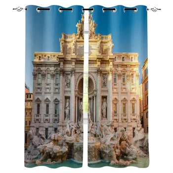 

House Palace Gate Pillar Rockery Stone Fountain Window Curtains LivingRoom Kitchen Curtains Left and Right Biparting Open