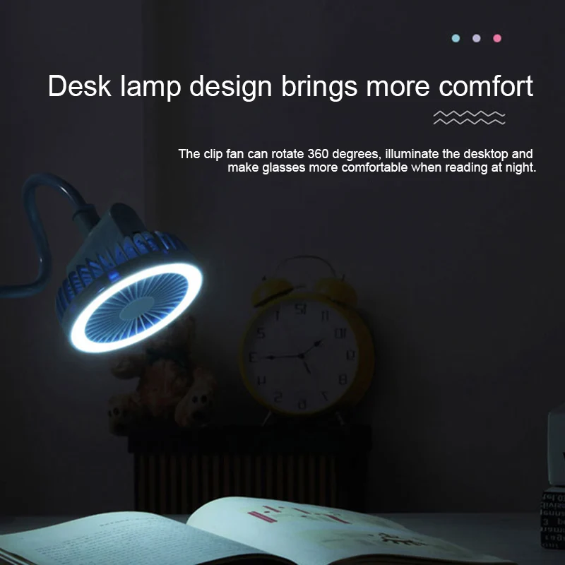 Portable Clip-on Stroller Fan LED Lamp USB Rechargeable Bendable Office Mini Fan TN88