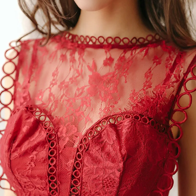 red vest only Женские ночные рубашки одежда для сна кружевное Прозрачное платье наборы с открытой спиной модное кружевное сексуальное Белое красное черное вечернее платье элегантное - Цвет: red vest only