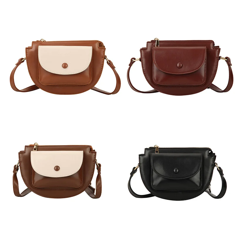 Mododiino Patchwork Saddle Bag Ladies Bag Contrast Color Shoulder Bag Simple Half Moon Women Bag Leather Crossbody Bag DNV1271
