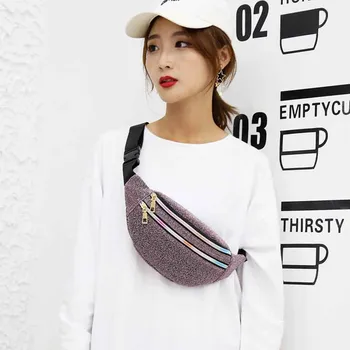 

Women's Multifunction Double zipper Waist bag artificial leather Reflective bum bag Ladies college Style waist bag fanny pack
