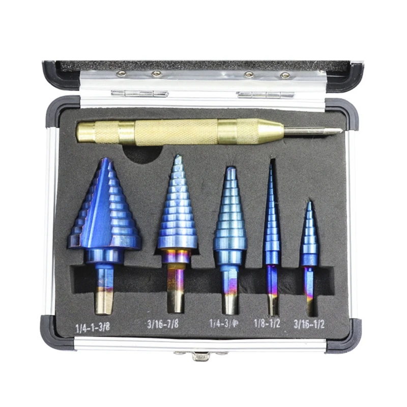 6Pcs Step Drill Bit Set Automatic Center Punch High Speed Steel Total 50 Sizes Double Cutting Blades Design with Aluminum Case