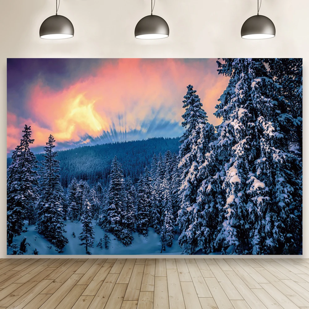 

Laeacco Winter Forest Christmas Tree Snow Sunset Scenery Room Decor Backdrop Photographic Photo Background For Photo Studio