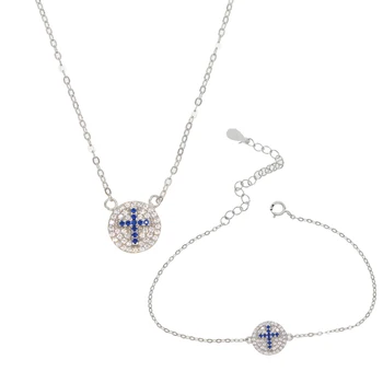 

2019 romantic design blue cross white AAA CZ round circle thin chain bracelet necklace set 925 sterling silver fine jewelry sets