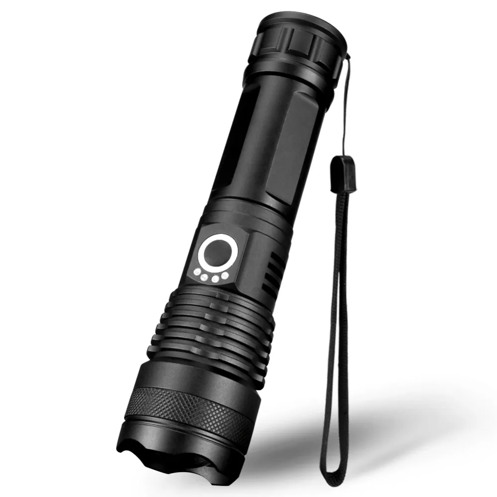 P50 LED Tactical Flashlight 5 Modes Zoomable Torch Waterproof USB Charging 26650 Scout Hunting Flash Light With Clip Tail Rope