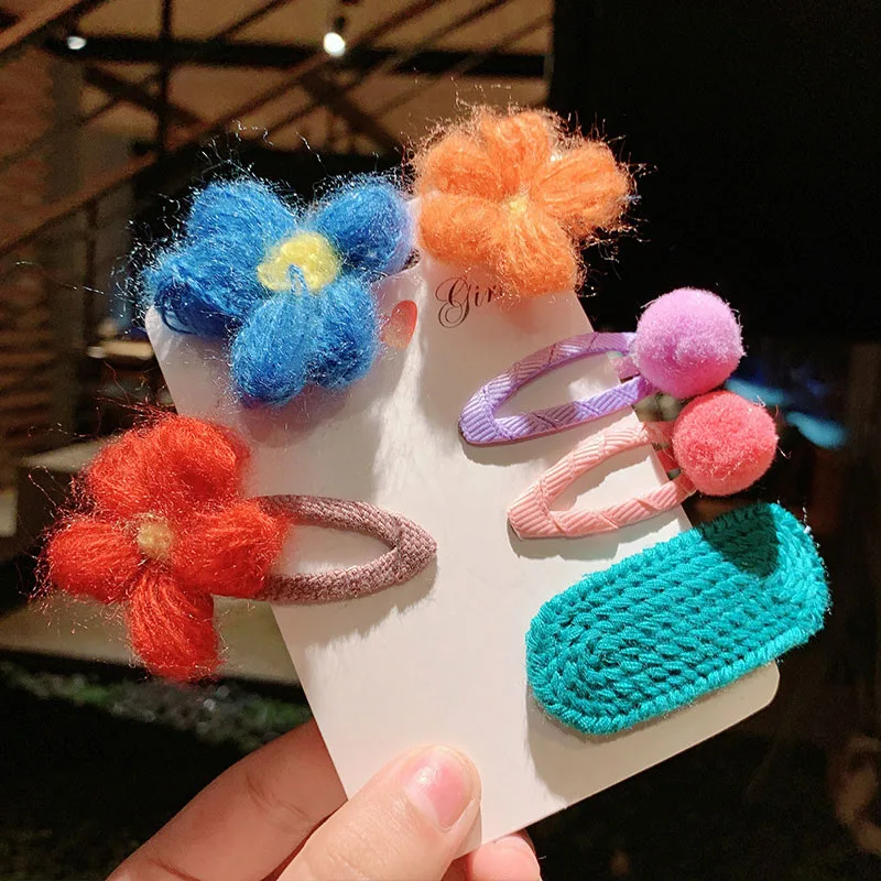 6pc 3/4/6 шт./компл. милые вязаные свитера с цветочным узором Детские Заколки для волос маленьких принцесс BB клип помпоном детские заколки аксессуары подарок - Цвет: 6pc
