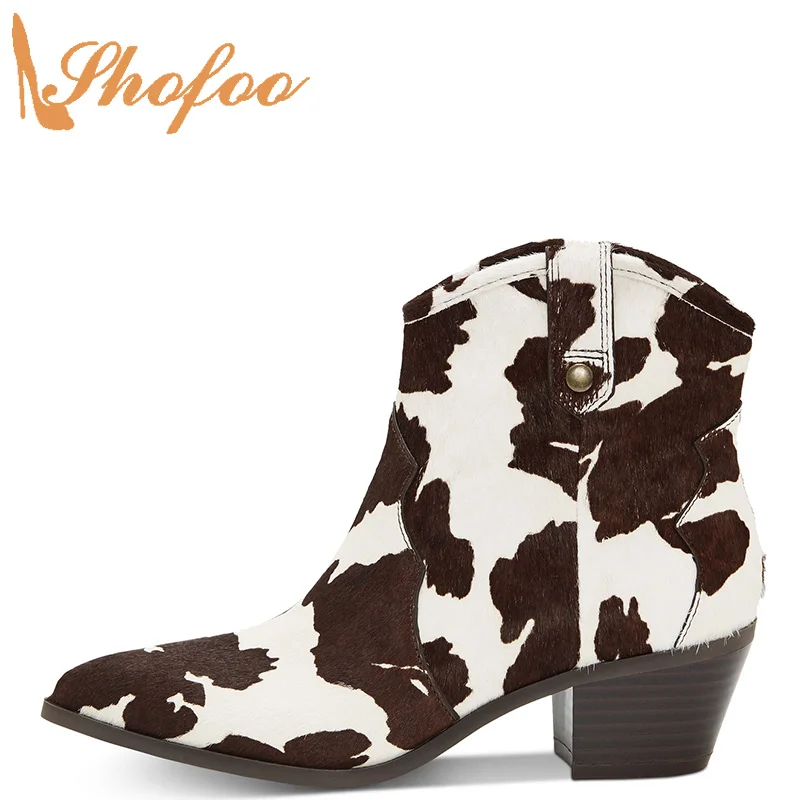 

Cow Animal Print Woman Ankle Boots High Chunky Heels Pointed Toe Booties Zip Ladies Winter Fashion Large Size 15 16 Shoes Shofoo